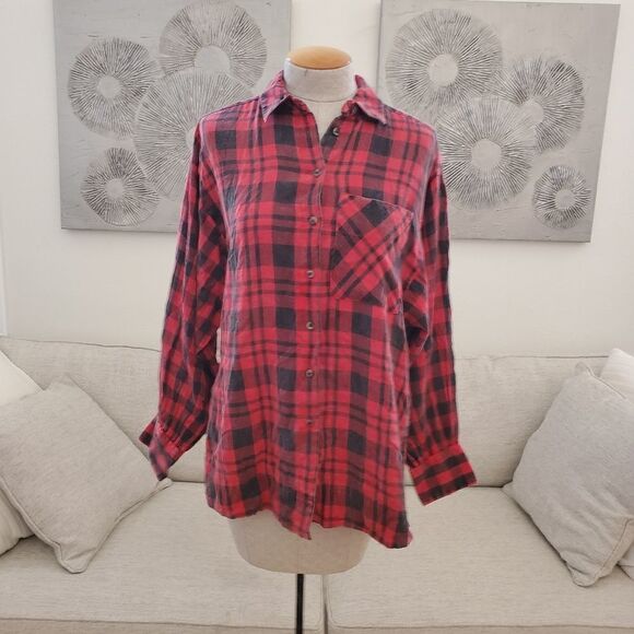 Topshop Oversized Red Plaid Button-Up Shirt size 2 in Red/Black - Picture 5 of 13